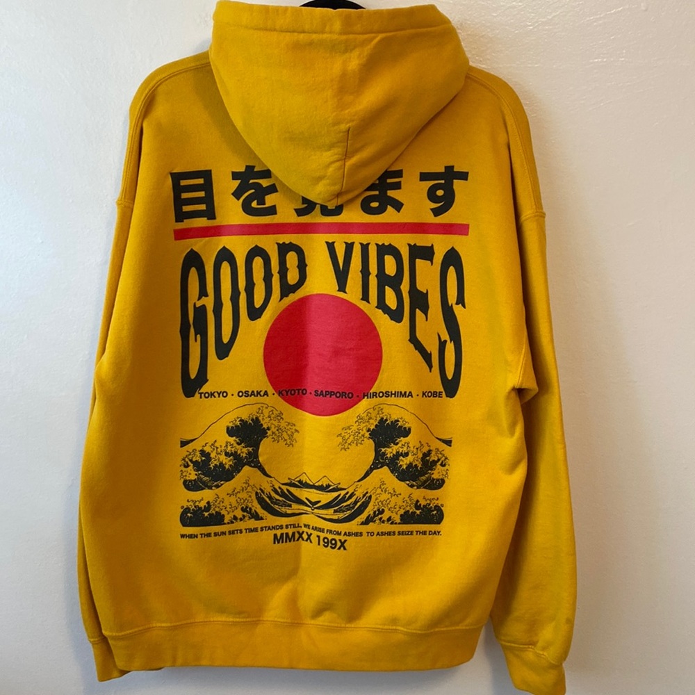 CVLA Good Vibes Japanese Themed Golden Yellow Hoodie with Front Pocket | Large